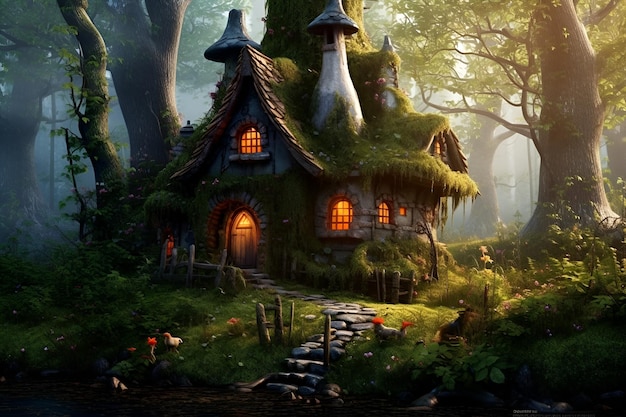 La pequeña casa del cuento de hadas en el bosque mágico Ilustración de dibujos animados Magia de elfos de hadas IA generativa