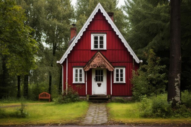 Pequena casa de madeira vermelha encantadora à luz do sol.