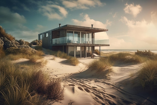 Pequena casa de praia moderna de luxo Casa de praia Arquitetura moderna Villa à beira-mar generativa