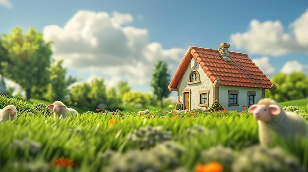 Pequeña casa de dibujos animados con techo naranja en el medio de un campo verde con flores y ovejas pastando en un día soleado con cielo azul y nubes blancas en el