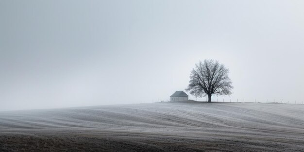 Pequena casa e árvore no meio de um grande campo de neve