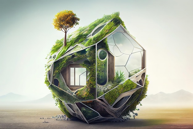 Pequeña casa ecológica en el concepto de hierba verde Ai generativo