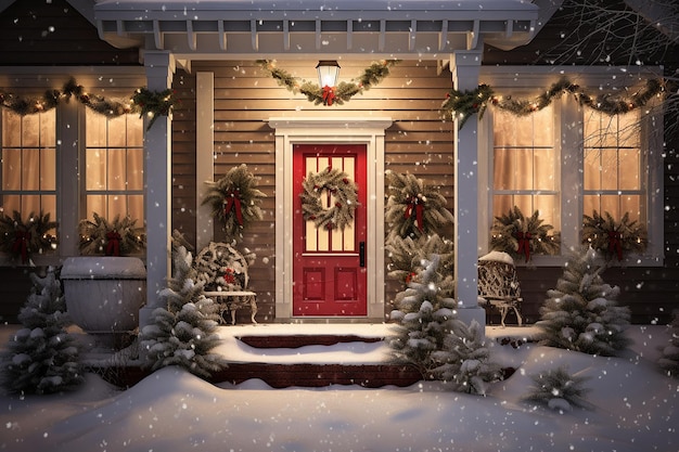 Una pequeña casa estadounidense decorada para Navidad