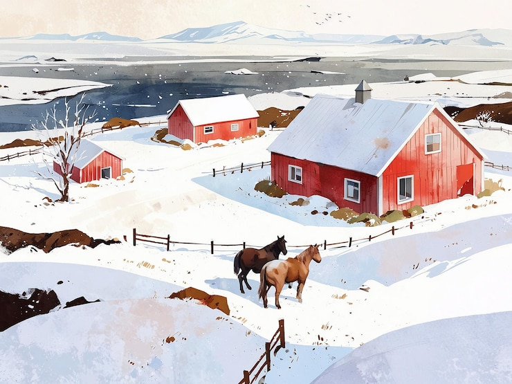 pequeña casa de granja con dos caballos en la nieve