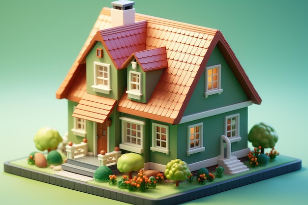 Pequena casa isométrica bonita renderização de publicidade profissional 3D