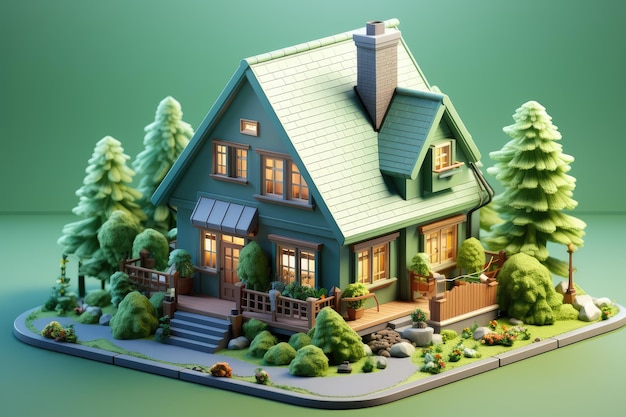 Pequena casa isométrica bonita renderização de publicidade profissional 3D