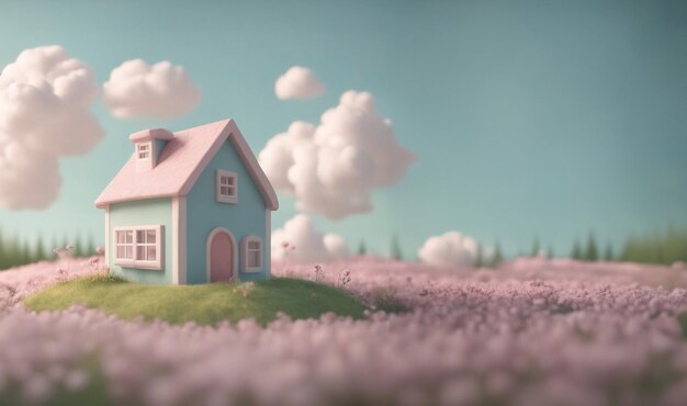 Una pequeña casa linda en el prado 3D render estilo generativo ai arte de ilustración