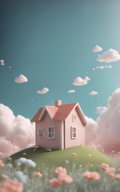 Una pequeña casa linda en el prado 3D render estilo generativo ai arte de ilustración