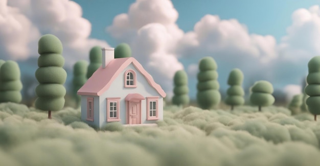 Una pequeña casa linda en el prado 3D render estilo generativo ai arte de ilustración