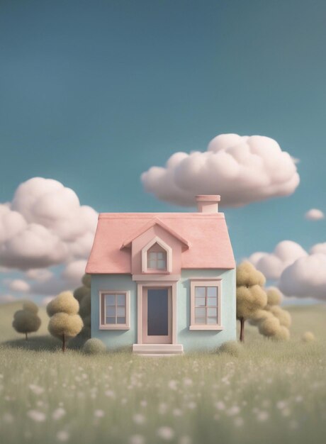 Una pequeña casa linda en el prado 3D render estilo generativo ai arte de ilustración