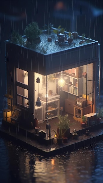 Una pequeña casa bajo la lluvia