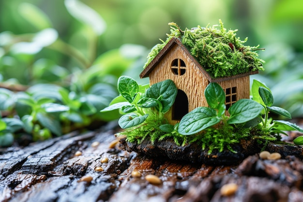 Foto una pequeña casa de madera adornada con musgo se encuentra anidada entre hojas verdes frescas en un tronco de textura oscura