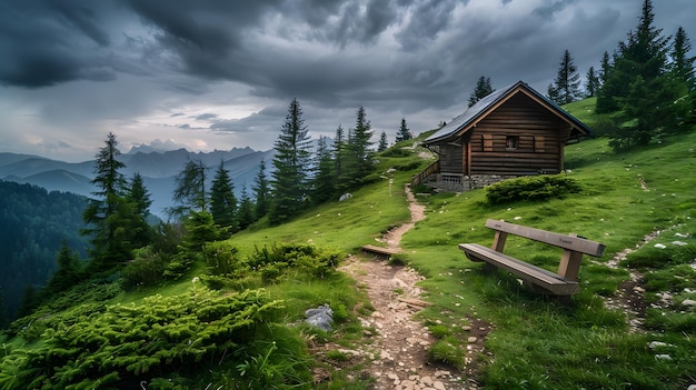 Una pequeña casa de madera en la cima de una colina cubierta de hierba