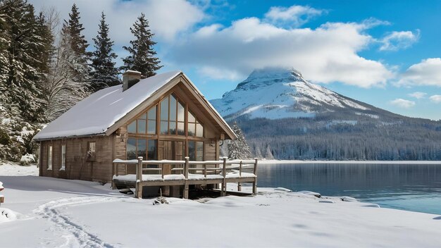 Pequeña casa de madera cubierta de nieve cerca del lago Esmeralda en Canadá en invierno