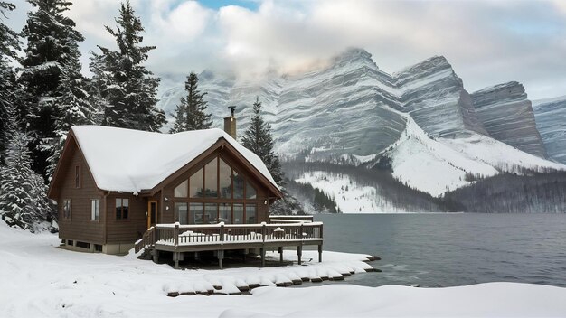 Pequeña casa de madera cubierta de nieve cerca del lago Esmeralda en Canadá en invierno