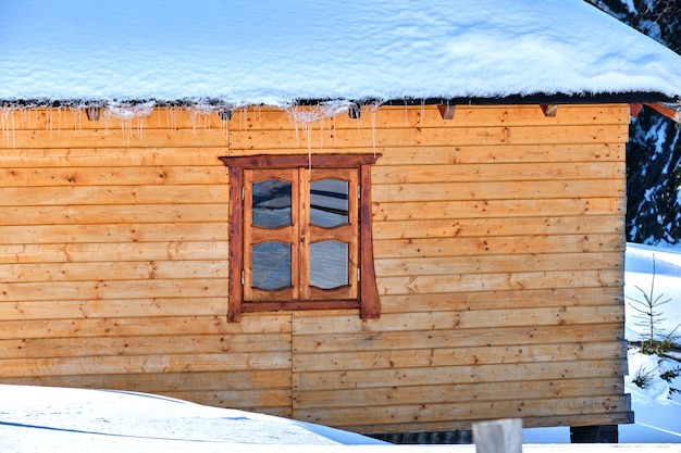 Pequeña casa de madera cubierta de nieve recién caída rodeada de altos pinos en las montañas de invierno.