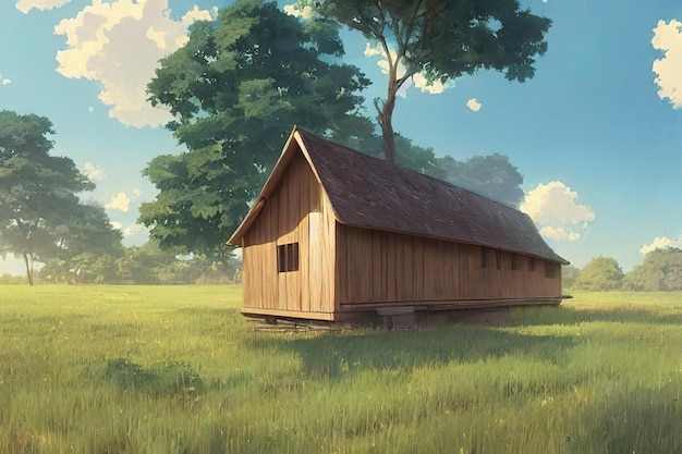 Pequeña casa de madera en el dibujo digital de la pradera en estilo anime