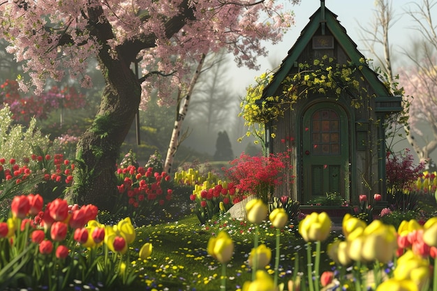 Una pequeña casa de madera con flores coloridas en el patio