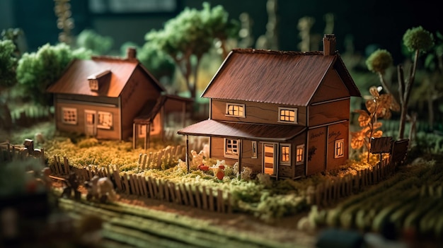 Una pequeña casa de madera con techo rojo se encuentra frente a un campo con árboles y una cerca.