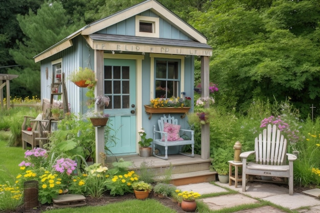 Foto pequeña casa con mecedora en el porche y jardín de flores creado con inteligencia artificial generativa