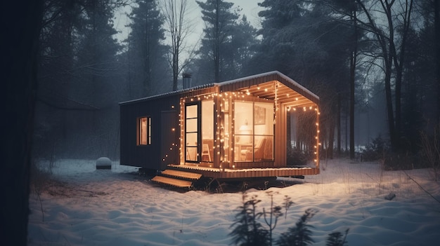 Pequeña casa moderna en el granero del bosque de invierno acogedor Al generado