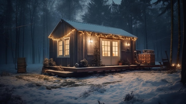 Pequeña casa moderna en el granero del bosque de invierno acogedor Al generado