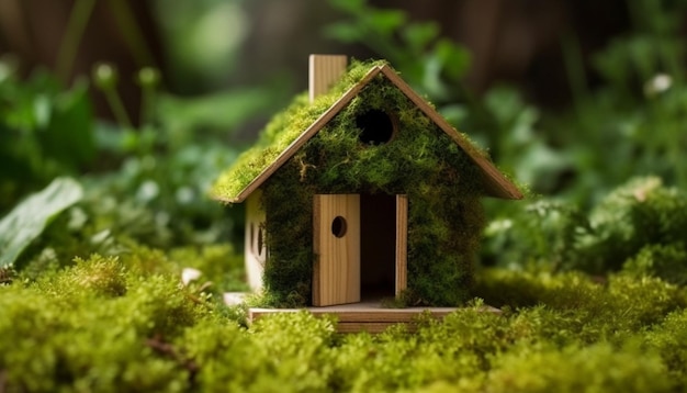 Una pequeña casa con musgo y una pajarera en el techo.