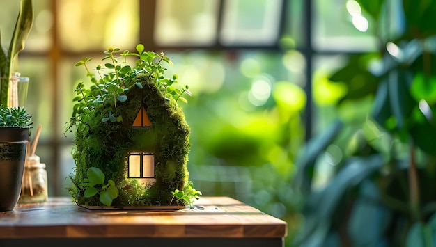 Foto pequeña casa de musgo con plantas