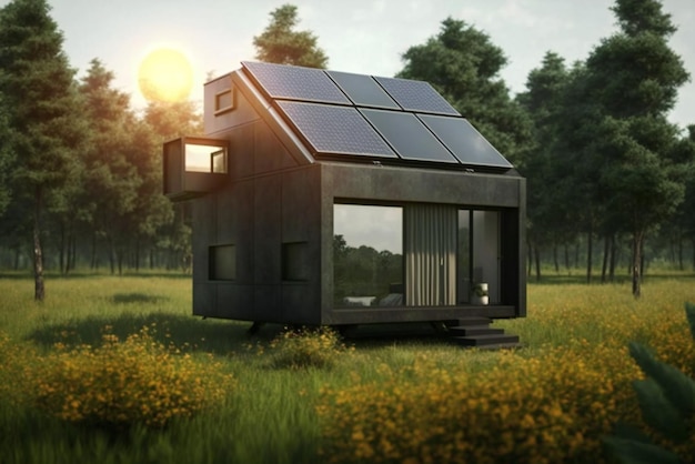 Una pequeña casa con un panel solar en el techo