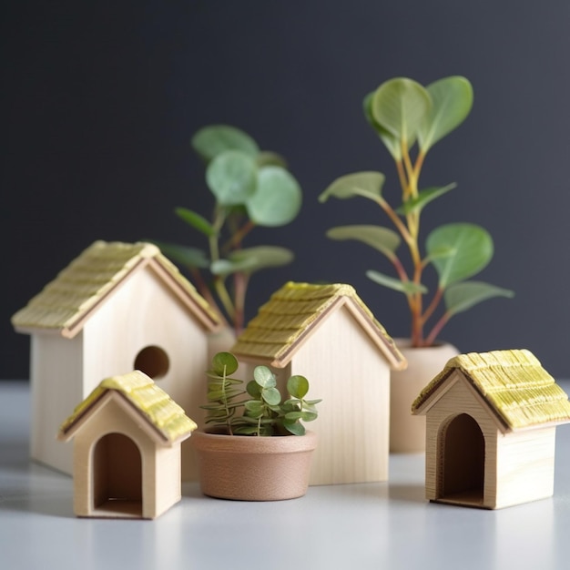 Una pequeña casa con una pequeña planta en el medio.