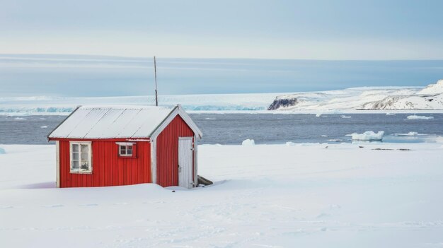 La pequeña casa roja en el campo nevado