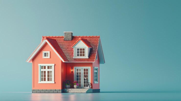 Pequeña casa roja con una llave en un fondo azul para el concepto de bienes raíces e hipotecas