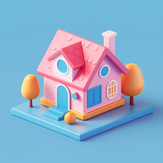 una pequeña casa rosa con un techo azul y una casa amarilla con una puerta azul modelo de casa propiedad real es