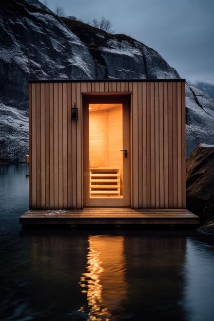 Pequeña casa de sauna de madera junto a la costa en el bosque en las montañas