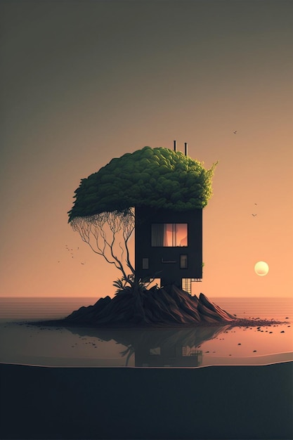 Pequena casa sentada em cima de uma pequena ilha generativa ai