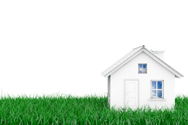 Pequeña casa sobre hierba sobre un fondo blanco. Representación 3D