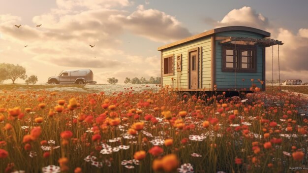 Una pequeña casa sobre ruedas con flores silvestres en flor generada por la IA