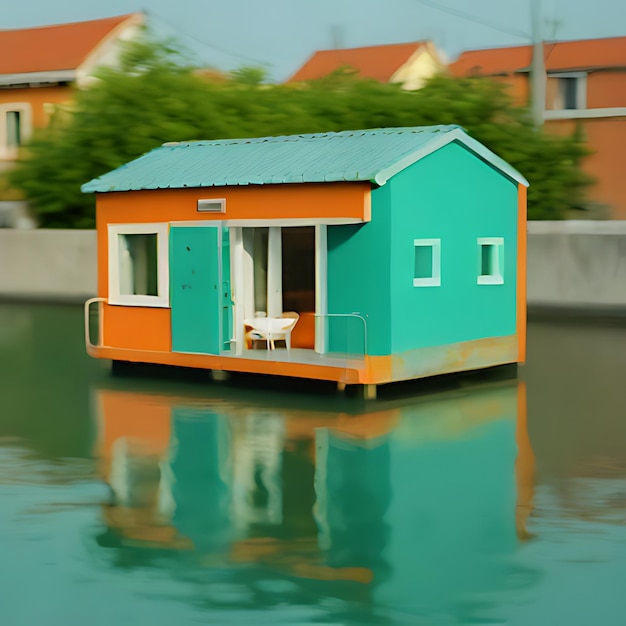 Foto una pequeña casa con un techo verde se sienta en el agua