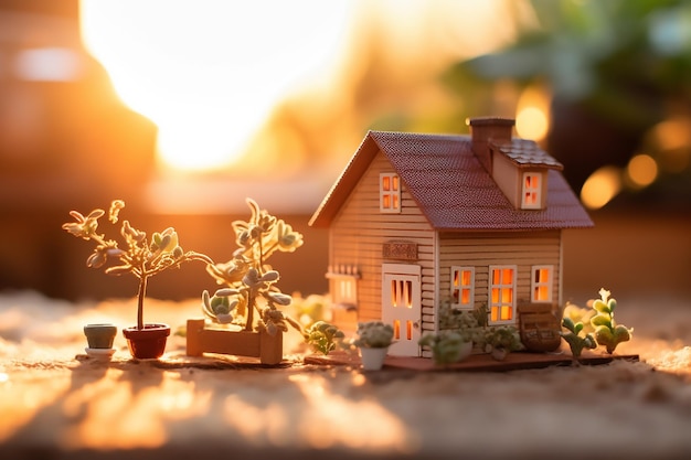 Pequeña casa con una ventana iluminada en la parte superior