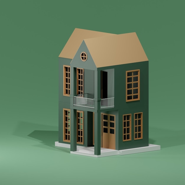 Una pequeña casa verde con un balcón y un pequeño porche.