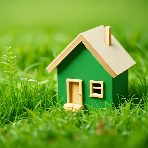 Foto una pequeña casa verde se sienta en el césped con una casa verde en el fondo