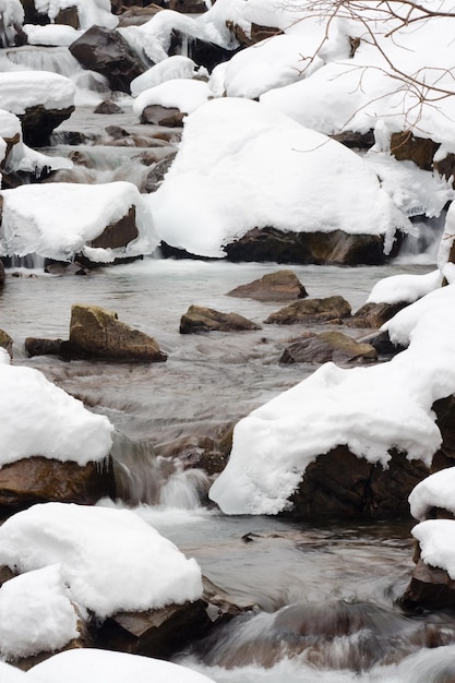 una pequeña cascada activa corriente de montaña limpia paisaje de invierno nevado fondo de vida silvestre