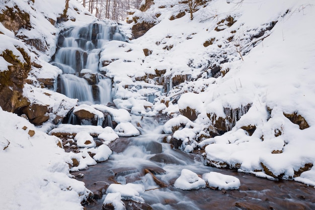 Pequeña cascada de agua fría fluye entre las piedras cubiertas de nieve