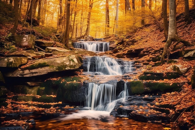 Pequeña cascada en el día de otoño en el bosque