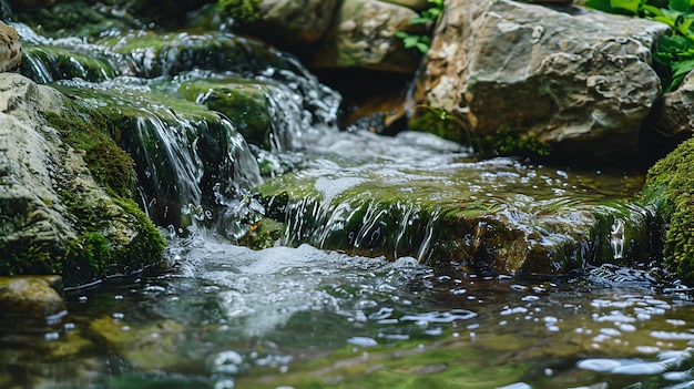 Pequeña cascada en medio del bosque el agua es cristalina y se pueden ver las rocas en el fondo