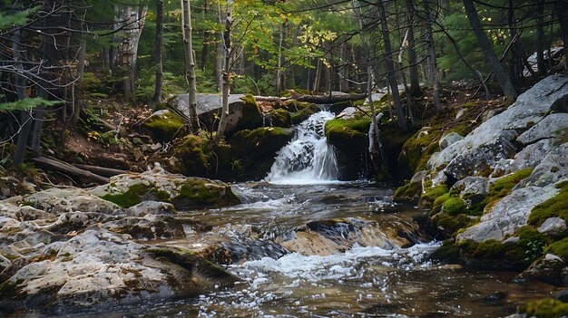 Pequeña cascada en medio del bosque con rocas y árboles cubiertos de musgo verde a su alrededor