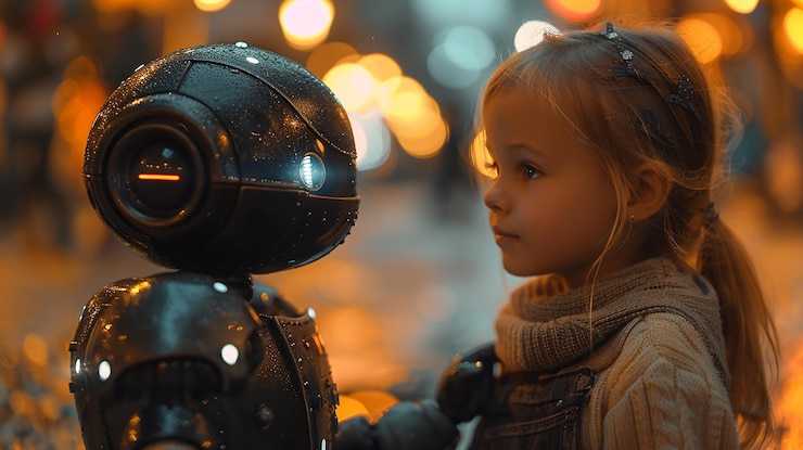 Foto la pequeña chica y el amigo robot la escena nocturna amistosa