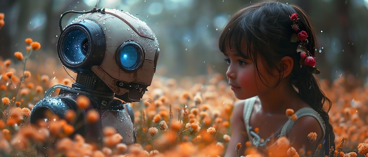 Foto la pequeña chica y el amigo robot la escena nocturna amistosa