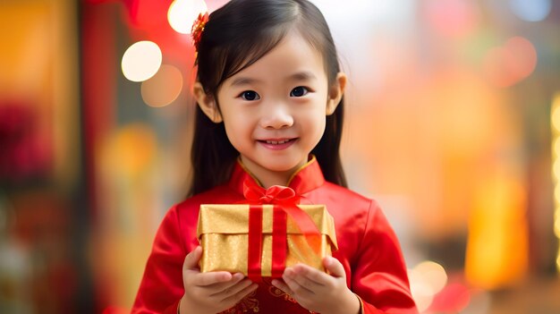 Pequeña chica asiática sonriendo y emocionada y sosteniendo una caja de regalos roja concepto de año nuevo chino