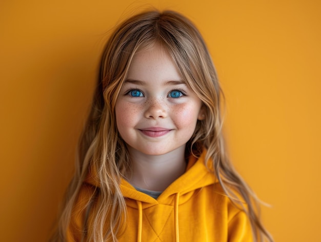 pequeña chica caucásica con una sudadera colorida en un estudio de fotos profesional de fondo colorido